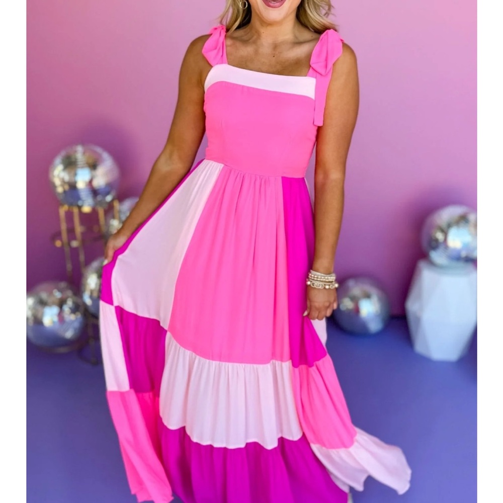 LFD Pink Maxi Dress Color Block Maxi Dress w/ Shoulder Tie